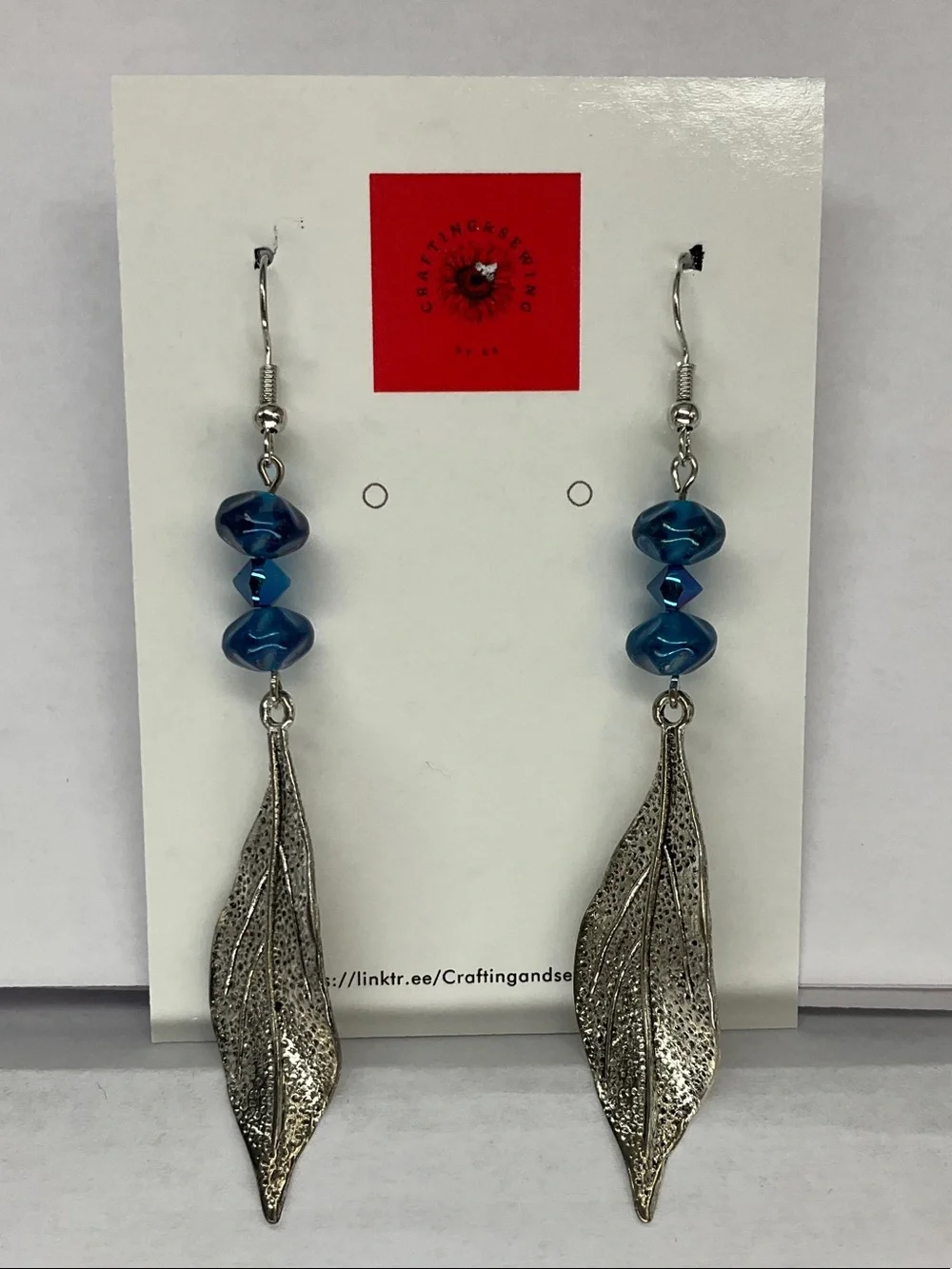 Silver Leaf Dangle Earrings with Blue Beads